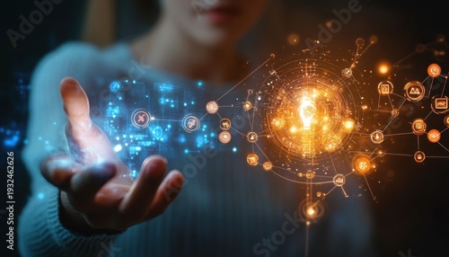 outstretched hand of a person presenting a glowing orange hub and blue digital network holograms with a blurred figure in the background, evoking wonder and technological innovation