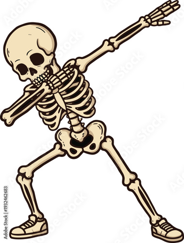 Funny cartoon skeleton doing dab dance pose, Halloween character illustration, cool bone figure with sneakers, humorous spooky art, vector drawing for celebration theme