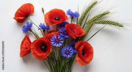 Beautiful bouquet of red poppies and blue cornflowers with green wheat on white surface