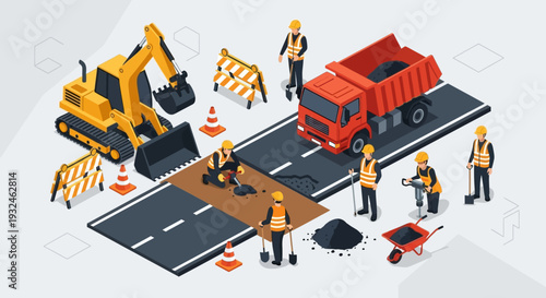 Road construction and repair work with heavy machinery and workers