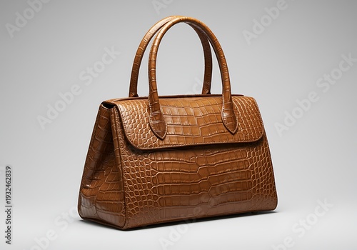 Brown crocodile skin handbag with handles on gray background  luxury fashion accessory