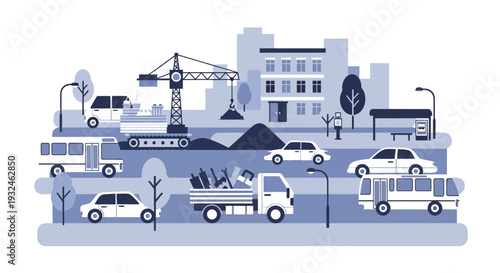 Urban cityscape with vehicles and construction elements, depicting a bustling metropolitan scene