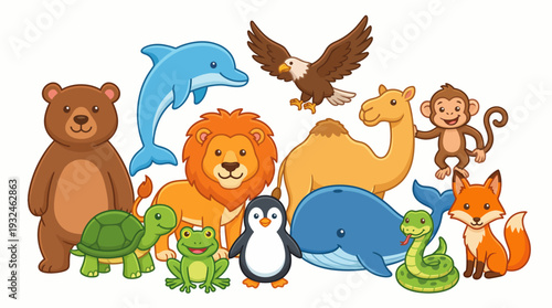 Mixed habitat animals cartoon mega set in a delpmaspu environment viewed from the front