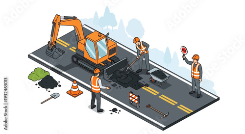 Road Construction and Maintenance Workers repairing asphalt on a street with heavy machinery and safety equipment
