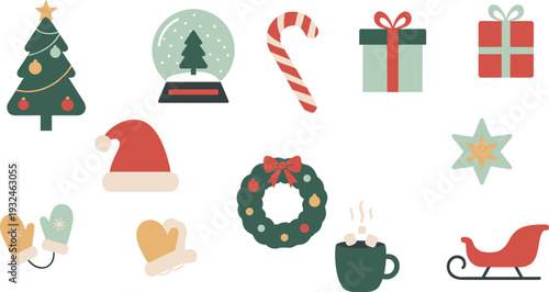 Christmas Winter Icon Set with Tree Snow Globe Candy Cane Gift Wreath Sleigh and Cozy Holiday Elements Vector Illustration
