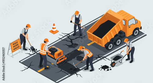 Road construction and repair workers in an isometric view, performing maintenance on a cracked asphalt surface with heavy machinery and traffic cones