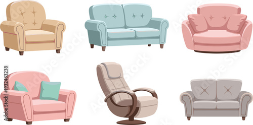 Modern Living Room Furniture Collection Featuring Comfortable Sofas, Armchairs, and Recliners in Pastel Colors for Home Interior Design and Real Estate Marketing
