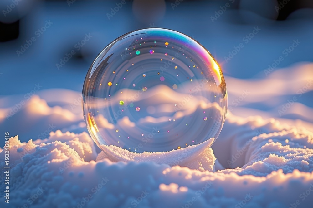 Obraz premium A delicate soap bubble rests on soft snow, reflecting colorful light and a serene winter atmosphere at sunset.