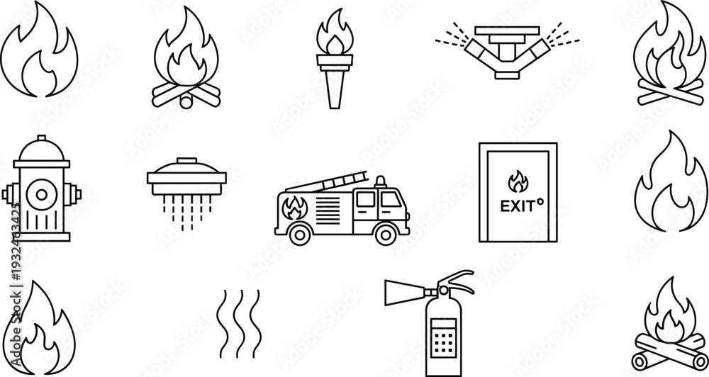 Fototapeta premium Fire Emergency and Safety Line Icon Collection with Hydrant Extinguisher Alarm Exit Flame and Rescue Symbols Vector Illustration