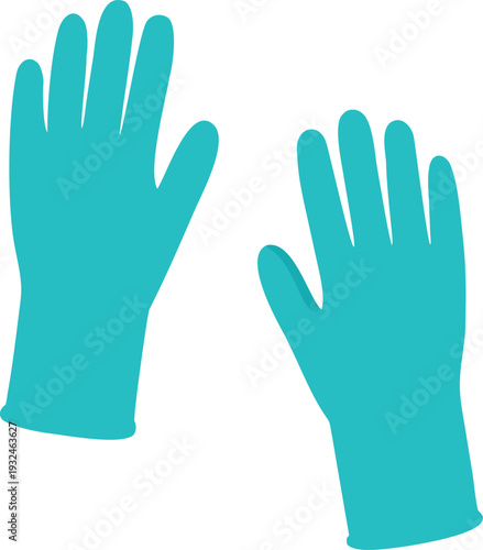 Pair of Teal Disposable Gloves Raised Hands for Protection and Cleaning Isolated on White Background