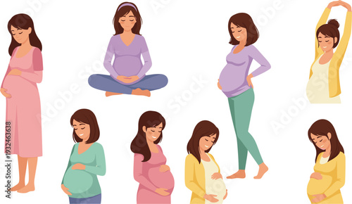 Pregnant Women Relaxing and Standing Poses Collection with Prenatal Care and Motherhood Concept in Flat Vector Illustration Style