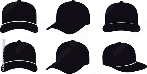 Baseball cap silhouette set with multiple front and side views, black vector illustration isolated on white background for fashion, sports and apparel design