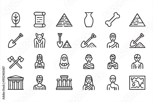 Ancient Egypt Line Icons Set with Pyramid Pharaoh and Mummy