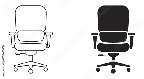 A minimalistic depiction of two office chairs featuring one white outline design and one solid black silhouette, high quality modern