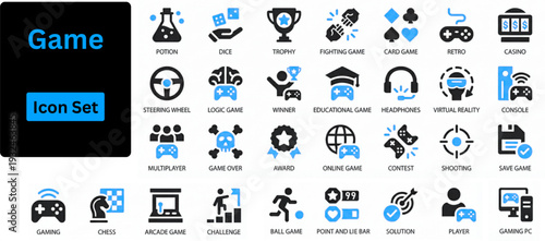 Game solid icon set. Game icon set. Gaming icon elements containing points and life bars, console, player, chess, multiplayer, casino and mobile game icons. Solid icons set.