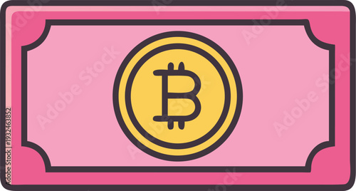 Pink Bitcoin Banknote with Yellow Coin Symbol Digital Currency Concept Flat Icon