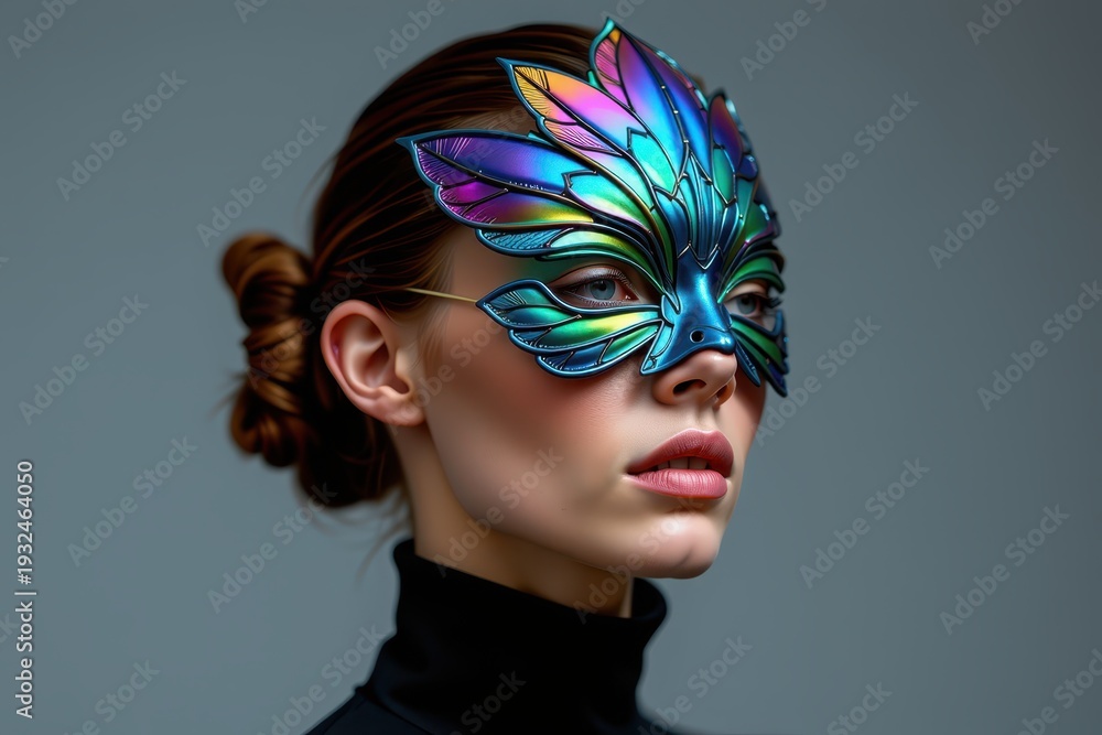 Naklejka premium A woman with a sleek bun wears an iridescent, feathered masquerade mask, posing against a neutral gray background.