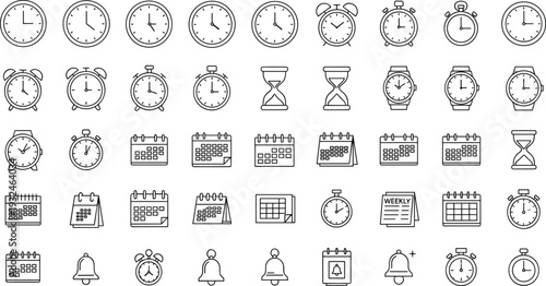 Time and Calendar Line Icon Set with Clock Alarm Stopwatch Hourglass Reminder and Schedule Symbols Vector Illustration