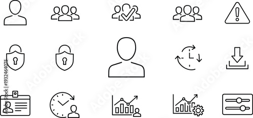 User Management and Security Line Icon Set with Profile Team Verification Download Analytics and Settings Symbols Vector Illustration