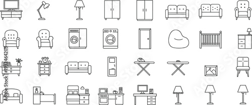 Furniture icon set, household interior symbols, bedroom, living room, kitchen essentials, line drawing, modern furniture design, home appliance outline, minimalist home decor vector