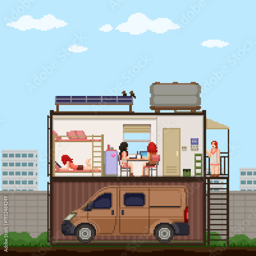 pixel art scene of container small friend house