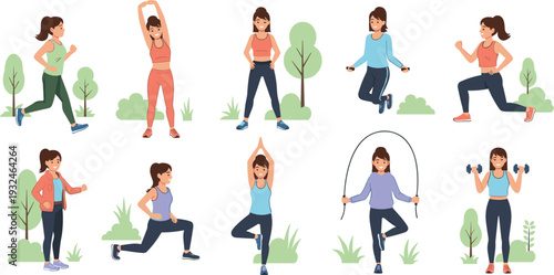 Set of Flat Vector Illustrations Featuring Young Women Exercising Running Doing Yoga and Lifting Weights for Fitness Wellness and Healthy Lifestyle Designs