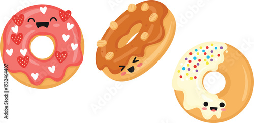 Cute Kawaii Donut Set with Strawberry Heart Glaze Caramel Nut Topping and Sprinkles Sweet Dessert Cartoon Vector Illustration