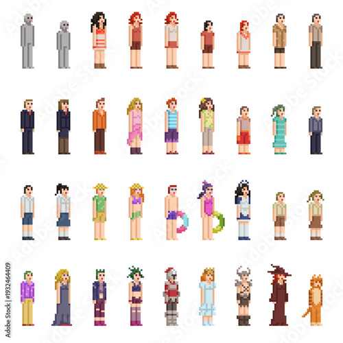 pixel art isolated background of various human npc videogame