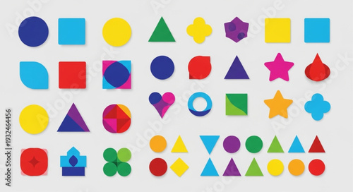 Colorful geometric shapes arranged in a visually appealing pattern on a light background.