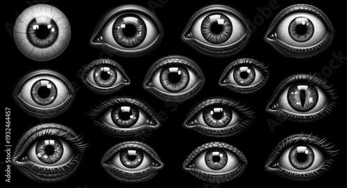 Multiple detailed eyes staring intensely, a collection of various eye shapes and sizes.