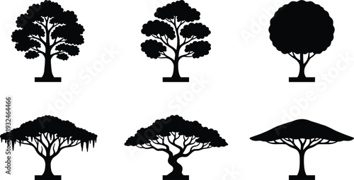 Tree silhouette icon set featuring various decorative shapes including bonsai, acacia and rounded canopy trees, black vector illustration isolated on white background