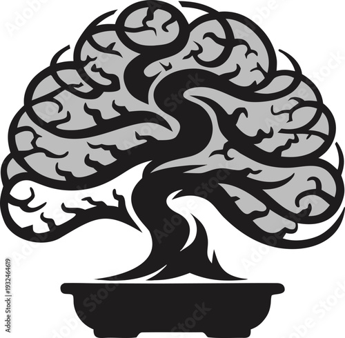 Minimalist Bonsai Tree Icon - Zen Nature and Decorative Oriental Plant Vector Illustration