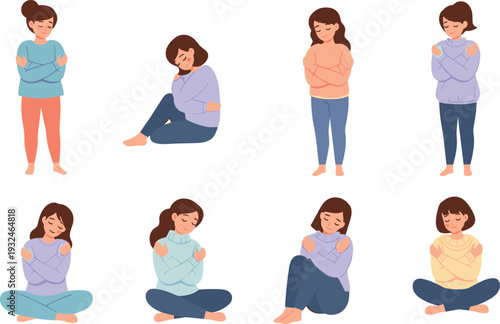 Young Women Hugging Themselves to Promote Self Love, Positive Body Image, and Mental Health Awareness for Psychology Blogs and Wellness Social Media Campaigns