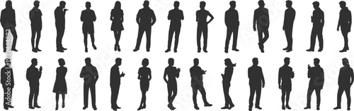 Assortment of Black Silhouette People in Different Poses on White Background Keywords: people, silhouette, group, men, women