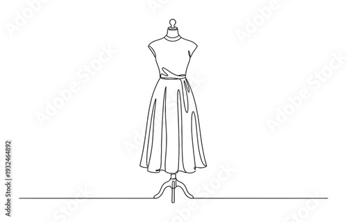 Dressed dummy with one line of continuous line art. Illustration of modern outline design, Dummy with dress.
