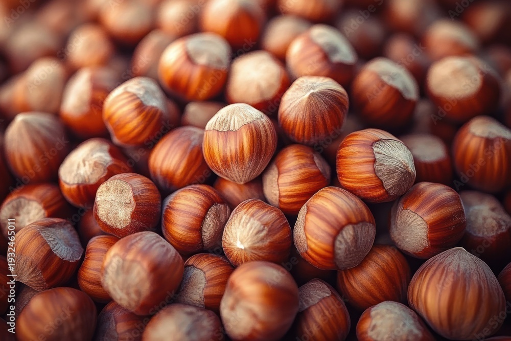 Obraz premium close-up pile of whole hazelnuts in shells with warm rustic tones evoking cozy autumn abundance