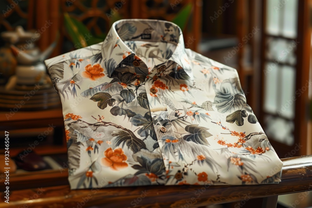 Fototapeta premium Folded, floral patterned shirt resting on a wooden railing in a room with traditional chinese decor, showcasing fashion and interior design