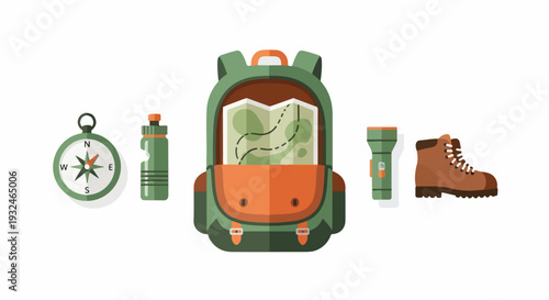 Flat lay illustration of hiking gear including a backpack, compass, water bottle, flashlight, and boot on a white background with a travel and adventure theme.