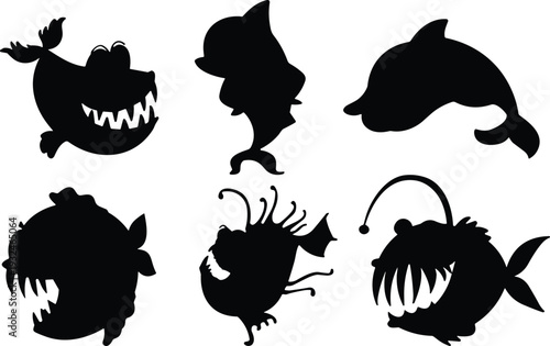 Scary deep sea fish silhouettes collection, cartoon monster aquatic creatures, anglerfish piranha vector illustration isolated on white background clipart set