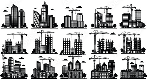City construction skyline silhouettes set, urban buildings with tower cranes and development scene isolated on white background