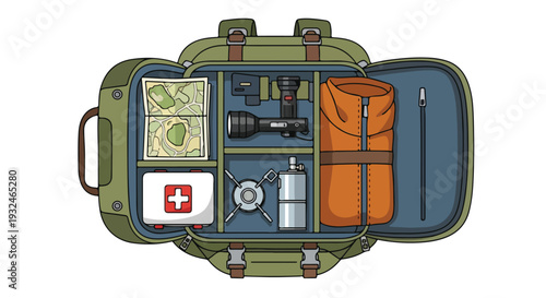 Open green suitcase with camping gear and supplies on a white background, flat lay from above.