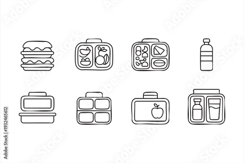 Lunchbox Outline Icons Featuring Healthy Food and Drinks
