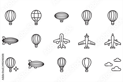 Hot Air Balloon and Airplane Line Icons for Travel Design