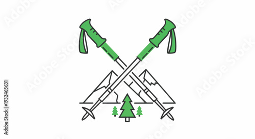 Illustration of crossed ski poles with green grips and a small pine tree on a white background.