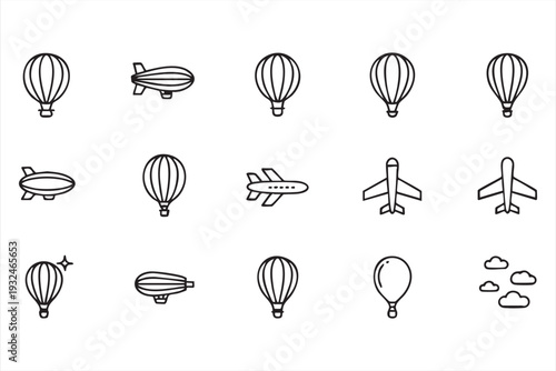 Aviation and Travel Outline Icon Set with Balloons and Aircraft