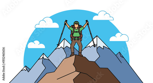 A triumphant hiker stands on a mountain peak with arms raised, holding trekking poles, against a blue sky with clouds and snow-capped mountains in a colorful illustration.