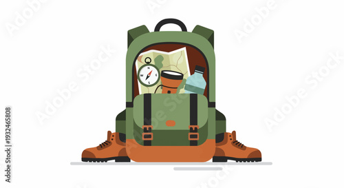 Flat lay illustration of an open green backpack with hiking boots, map, compass, and other travel gear on a white background.