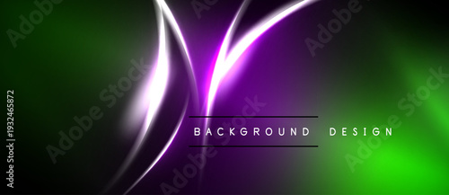Vibrant neon light streaks over dark background. Green, purple hues create dynamic visual effect. Modern design element.