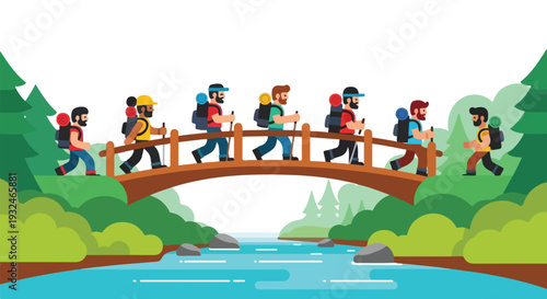 Illustration of a group of people running across a wooden bridge over a river in a forest with a white sky.