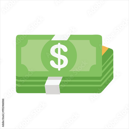 Stack of Green Paper Money with Dollar Sign Financial Concept Flat Design